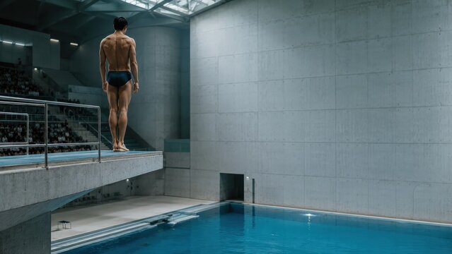 Diver Standing on High Platform Above Indoor Swimming Pool