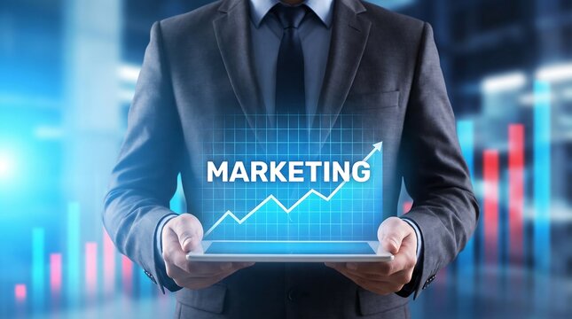 Businessman holding a tablet with a digital marketing growth chart