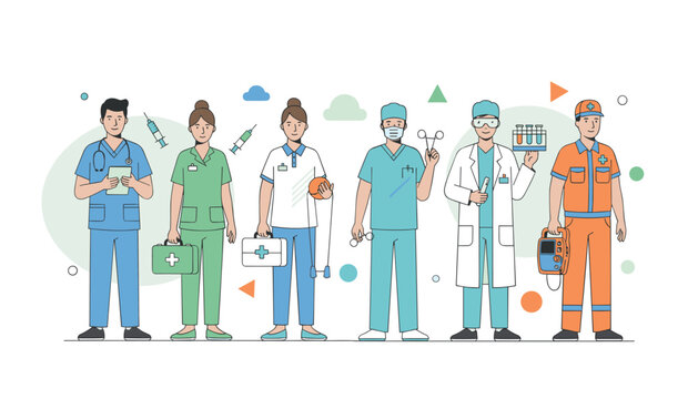 Medical emergency team of doctors, surgeons, and paramedics standing together ready for action.