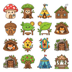 Fototapeta premium Whimsical Forest Dwellings and Animal Homes Illustration.
