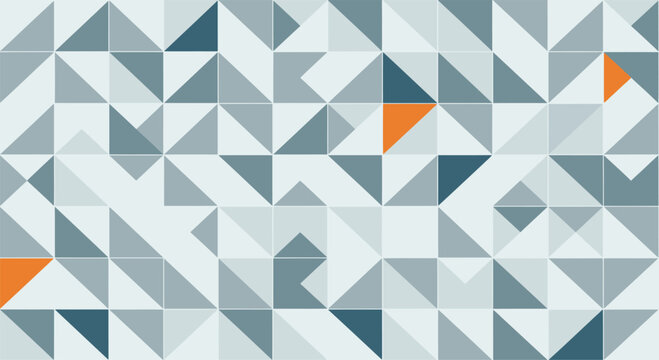 Abstract geometric mosaic pattern featuring a grid of right-angled triangles in various shades of gray, slate blue, and light white with minimalist orange accent shapes for background.