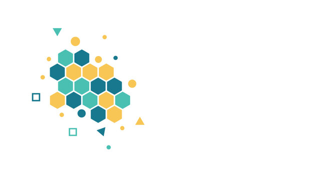 Abstract geometric pattern composed of teal and yellow hexagons accompanied by small shapes on a white background.