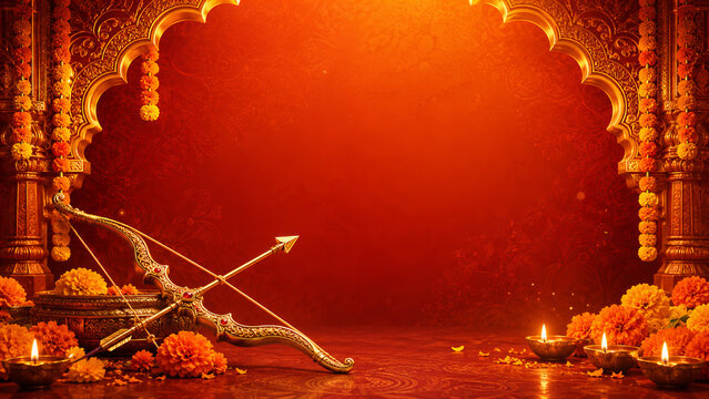 Luxury Dussehra Festival Background with Bow Arrow and Diya Lamps