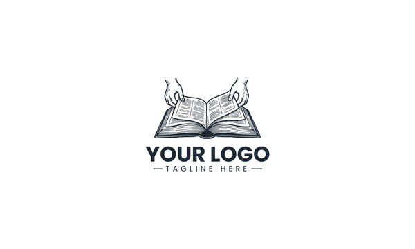 Black Image Vector Logo of Hands Reading Dictionary, Multi Language Translation Book Study Concept Isolated on White