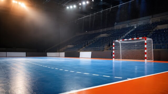 Handball Court in an Empty Indoor Stadium with Bright Spotlights