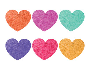 Obraz premium set of six colorful glitter hearts in orange purple teal blue pink and gold against a white background