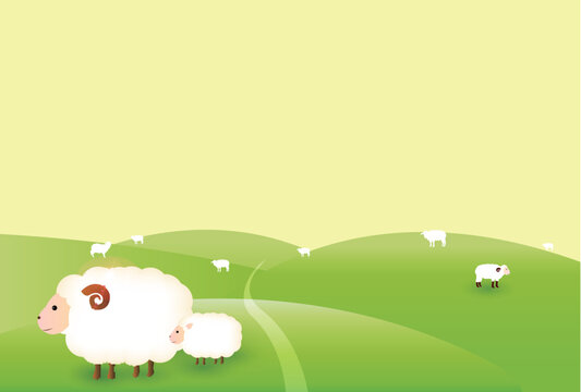 明るい緑の丘で草を食べているふわふわした動物の家族