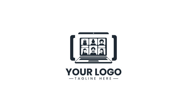 Black Image Vector Logo of Laptop Online Video Call, International E-Learning Distance Education Isolated on White Background
