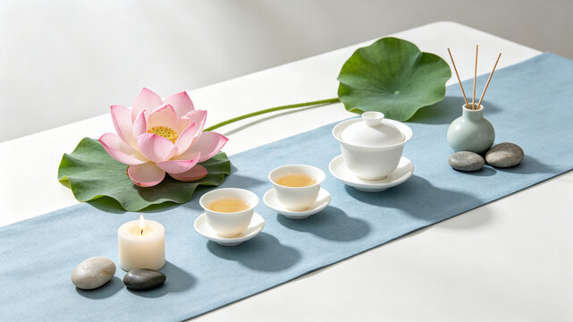 Top-Down Oriental Zen Still Life Photo Of Lotus And Chinese Tea Set