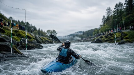 Obraz premium Kayaker Navigating White Water Rapids on a Mountain River