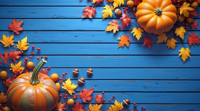 Autumn composition with pumpkins and colorful maple leaves on blue wood