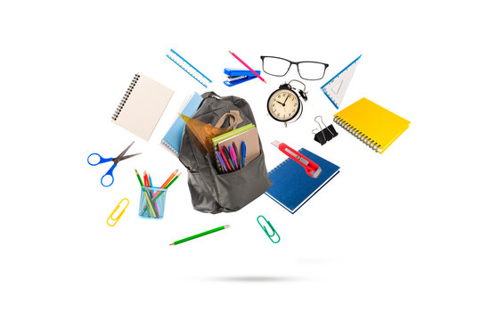Back to School Backpack levitation with Educational Supplies Isolated on White Background for Learning and Education