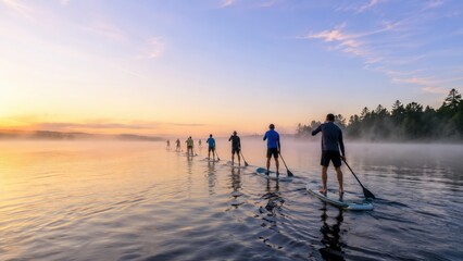 Fototapeta premium Paddleboarders Gliding Across a Misty Lake at Sunrise