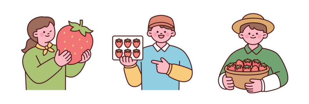 Happy strawberry farmers holding fresh strawberries and harvest baskets. Cute flat vector illustration for agriculture, organic farming and berry production.