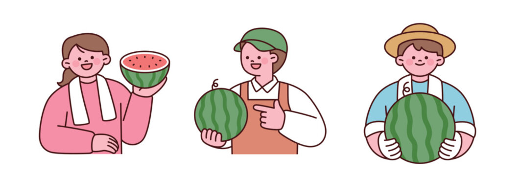 Happy watermelon farmers holding fresh watermelons. Cute flat vector illustration for agriculture, organic farming, summer harvest and fresh produce.