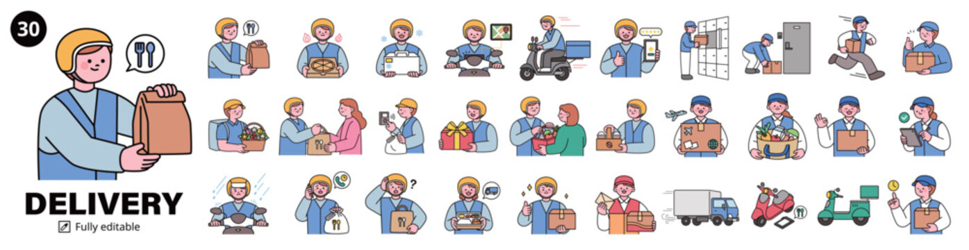 Delivery service bundle with 30 courier characters and logistics scenes. Cute flat vector collection for shipping, ecommerce and parcel delivery.