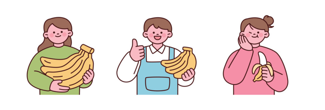 Happy banana farmers holding fresh bananas. Cute flat vector illustration for tropical agriculture, organic farming and healthy fruit production.
