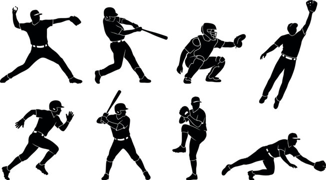 Baseball players black silhouette vector collection featuring athletes pitching batting catching running and sliding action poses
