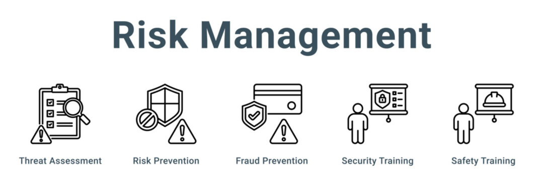 Risk Management web banner icon vector illustration concept, Threat Assessment, Risk Prevention, Fraud Prevention, Security Training, Safety Training