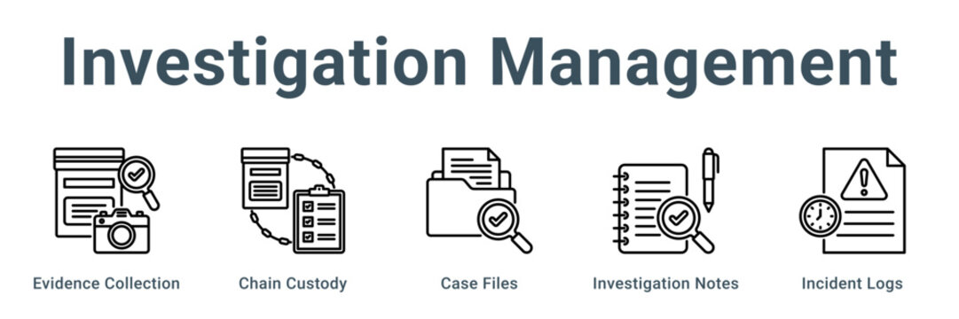 Investigation Management web banner icon vector illustration concept, Evidence Collection, Chain Custody, Case Files, Investigation Notes, Incident Lo