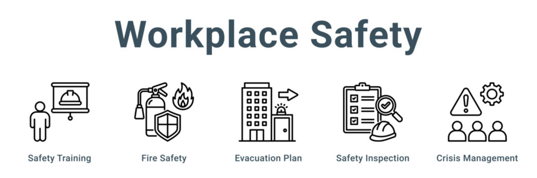 Workplace Safety web banner icon vector illustration concept, Safety Training, Fire Safety, Evacuation Plan, Safety Inspection, Crisis Management
