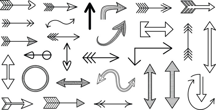 Hand drawn arrow line icon set containing variety of direction indicators pointer curves feathers navigation marks circle