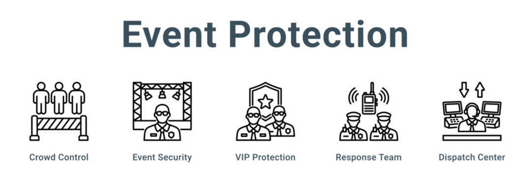 Event Protection web banner icon vector illustration concept, Crowd Control, Event Security, VIP Protection, Response Team, Dispatch Center