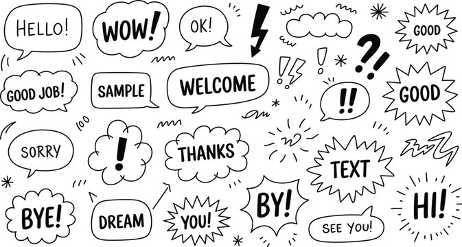 Hand drawn comic speech bubble set containing greeting text expression exclamation mark question cloud chat burst box