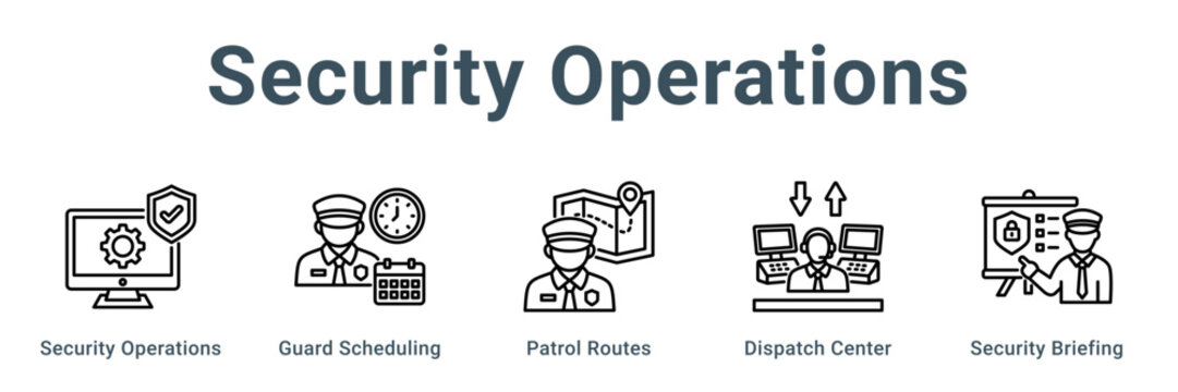 Security Operations web banner icon vector illustration concept, Security Operations, Guard Scheduling, Patrol Routes, Dispatch Center, Security Brief