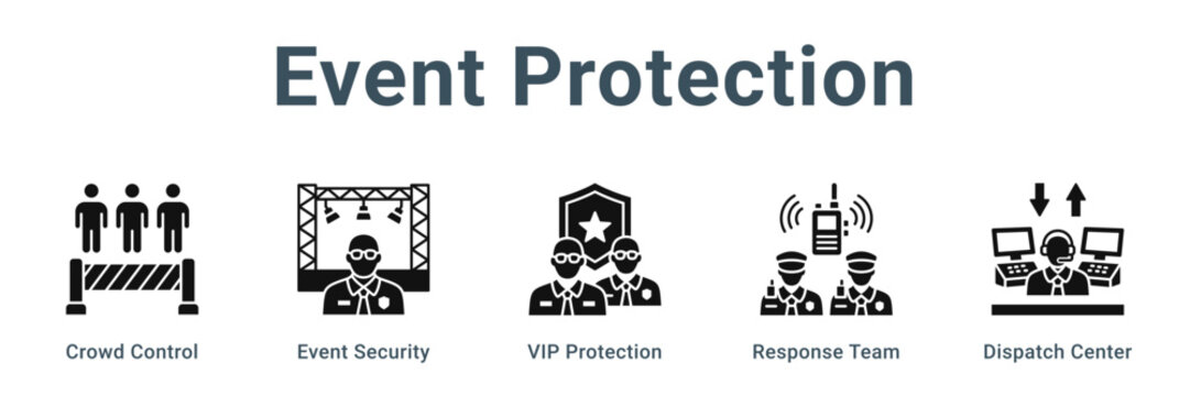 Event Protection web banner icon vector illustration concept, Crowd Control, Event Security, VIP Protection, Response Team, Dispatch Center