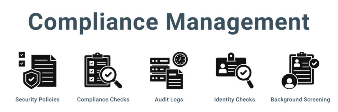 Compliance Management web banner icon vector illustration concept, Security Policies, Compliance Checks, Audit Logs, Identity Checks, Background Scree