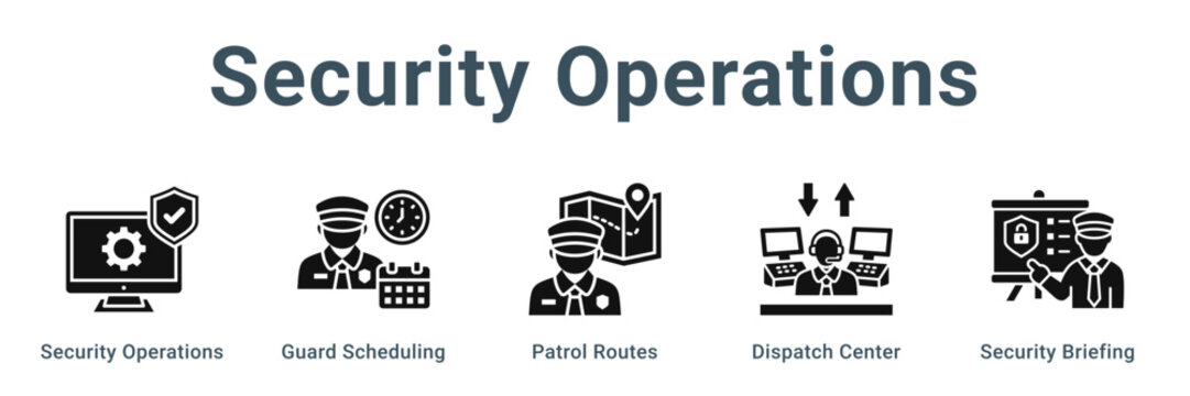 Security Operations web banner icon vector illustration concept, Security Operations, Guard Scheduling, Patrol Routes, Dispatch Center, Security Brief