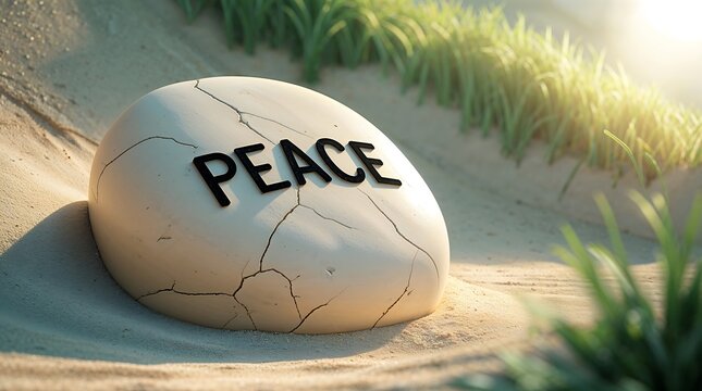 A cracked stone with the word peace engraved on it in the sand