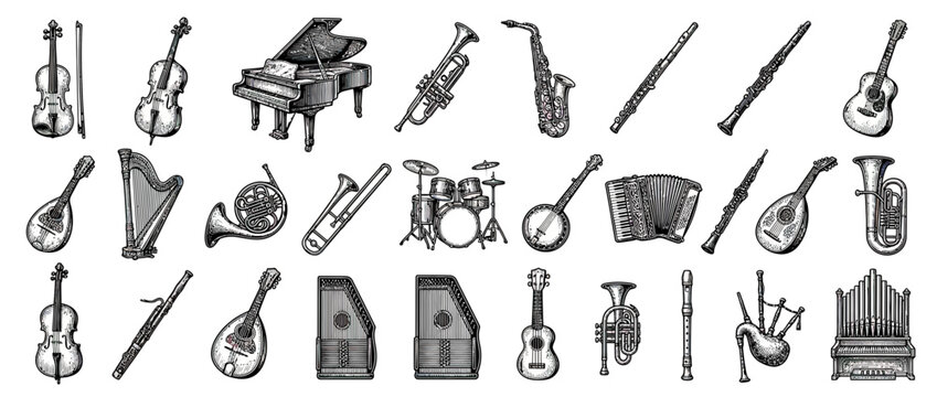 Collection of Vintage Musical Instruments Hand Drawn Sketch