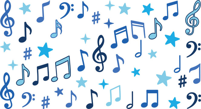 Blue hand drawn music note vector set with sketchy treble clef bass clef sharp and star symbols isolated on white background