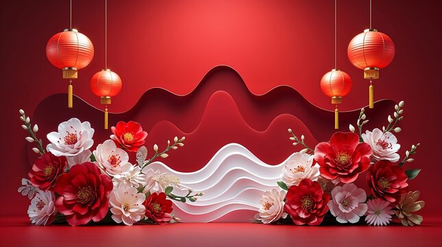 Chinese new year background with red lanterns and camellia flowers