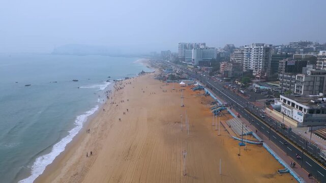 Aerial view of RK Beach, Bheemunipatnam Beach, Natural rock arch, Tenneti Park, MV MAA Ship, Visakhapatnam, India.