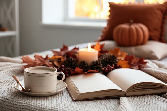 Autumn cozy scene with warm coffee book candle and pumpkin on fall leaves blanket