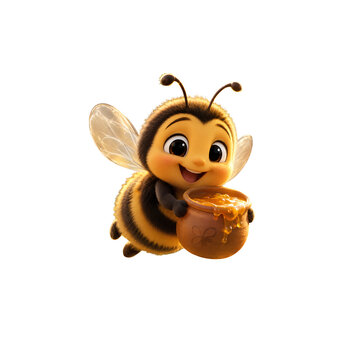 Cute 3D Animated Little Bee Holding a Clay Honey Pot Isolated on White Background