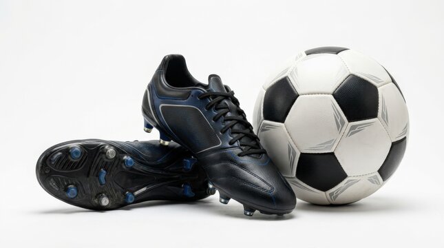 Pair of black soccer cleats and a classic black and white soccer ball resting on a clean white background