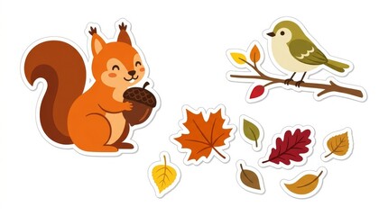 Fototapeta premium Cute Autumn Sticker Set with Squirrel Bird and Colorful Leaves