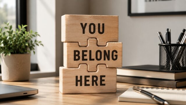 You belong here message on stack of light wooden blocks in modern office setting.
