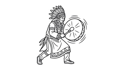 Obraz premium Native American man in headdress playing ceremonial drum.