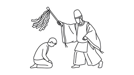 Obraz premium Shinto priest performing harae purification ritual illustration.