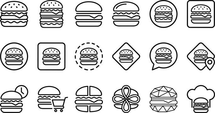 Burger hamburger fast food line icon set restaurant menu delivery shop order online chef hat vector illustration template.