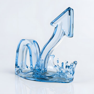 A 3D icon chart for growth with an arrow set against a white background, symbolizing business success and advancement. A clear Liquid Glass icon in 3D.
