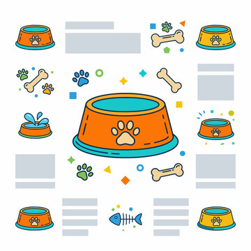 Colorful Dog Food Bowls with Paw Prints and Treats Illustration