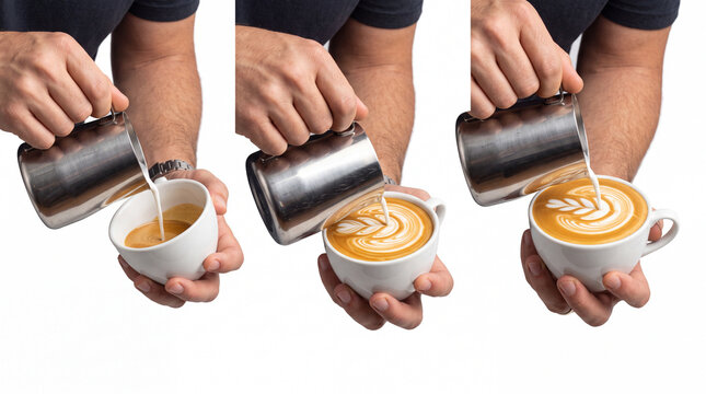 3-step sequence of barista hands pouring milk to create an intricate rosetta latte art pattern on a cappuccino cup isolated on white background.