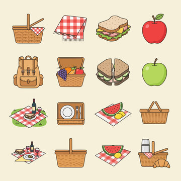 Picnic Food Basket Illustration Set with Checkered Blanket