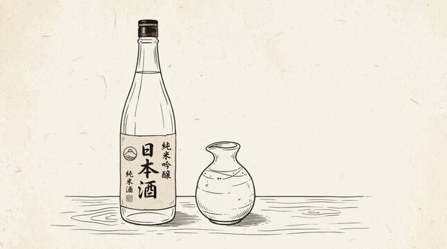 Japanese Sake Bottle and Traditional Pouring Vessel Illustration